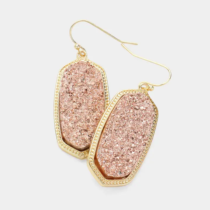 Rose Gold Hexagon Druzy Dangle Earrings