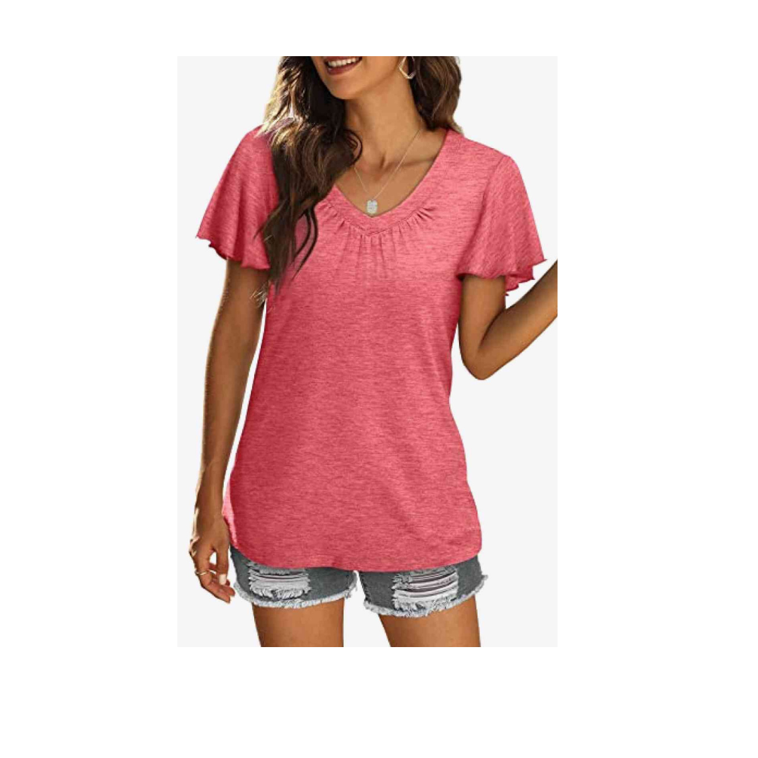 V-Neck Flutter Sleeve Tee Shirt