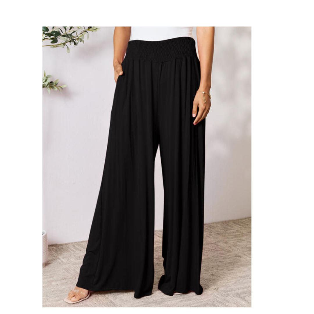 Double Take Full Size Smocked Wide Waistband Wide Leg Pants