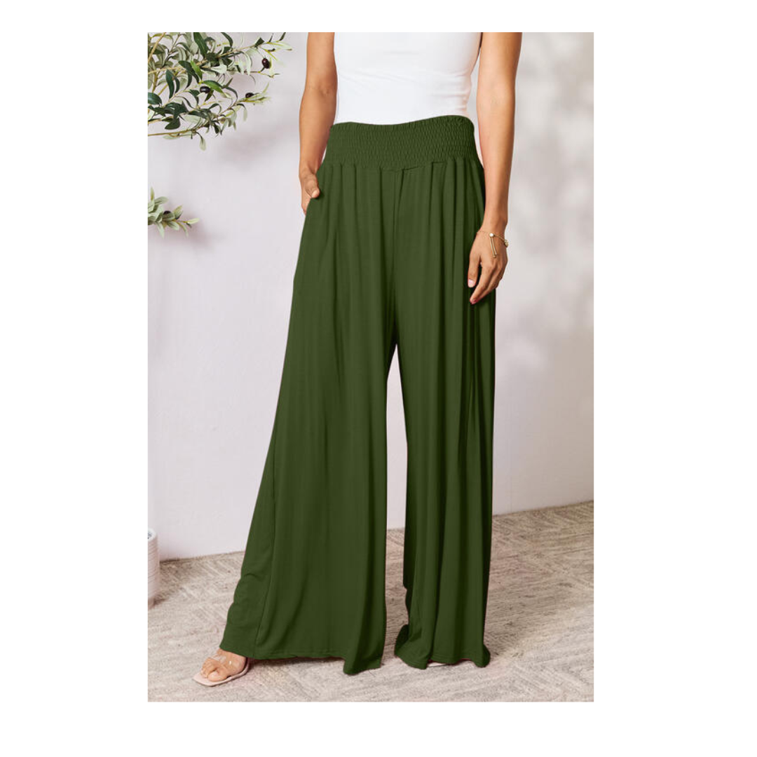 Double Take Full Size Smocked Wide Waistband Wide Leg Pants