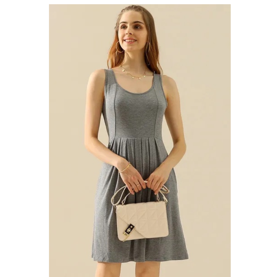 Doublju Full Size Round Neck Ruched Sleeveless Dress with Pockets