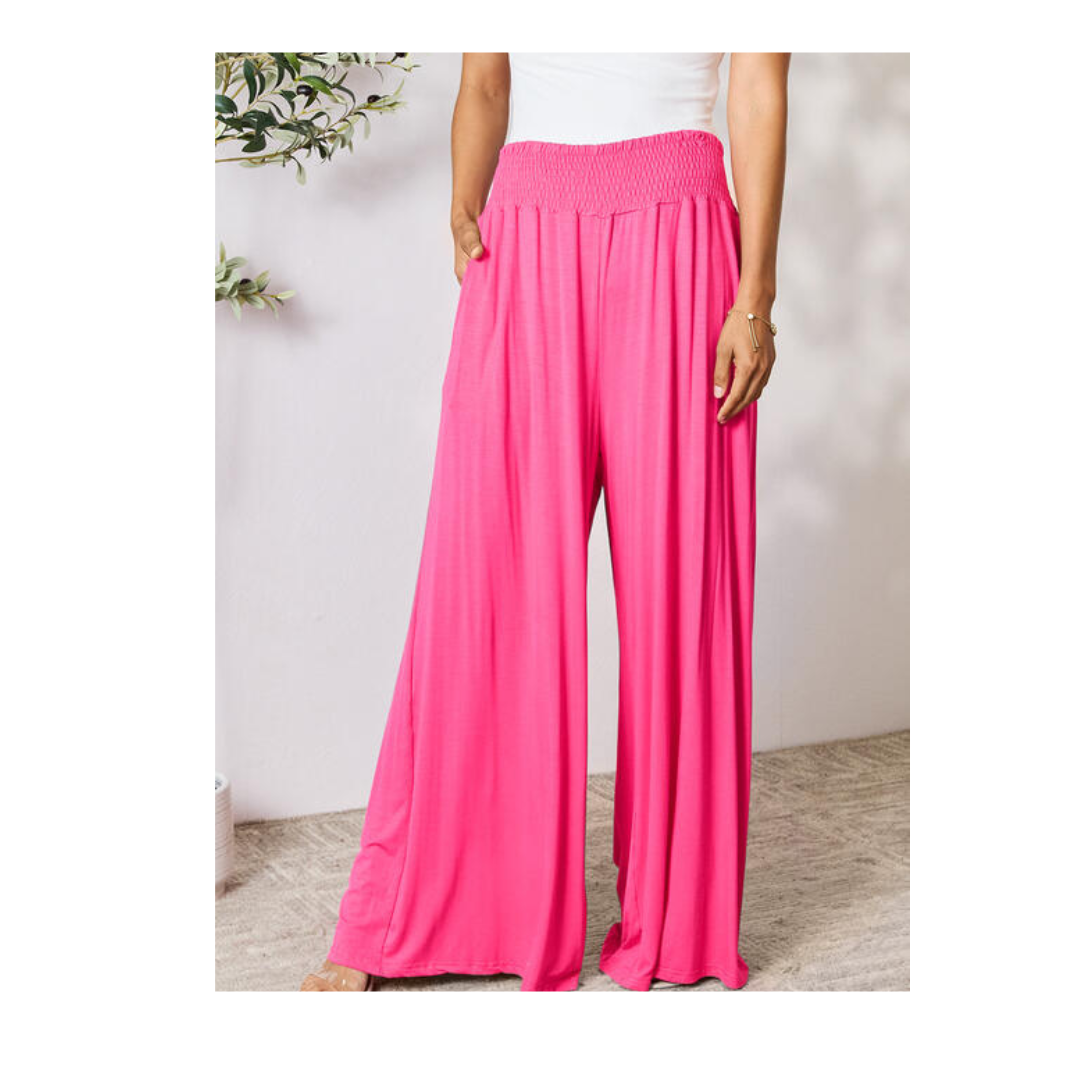 Double Take Full Size Smocked Wide Waistband Wide Leg Pants