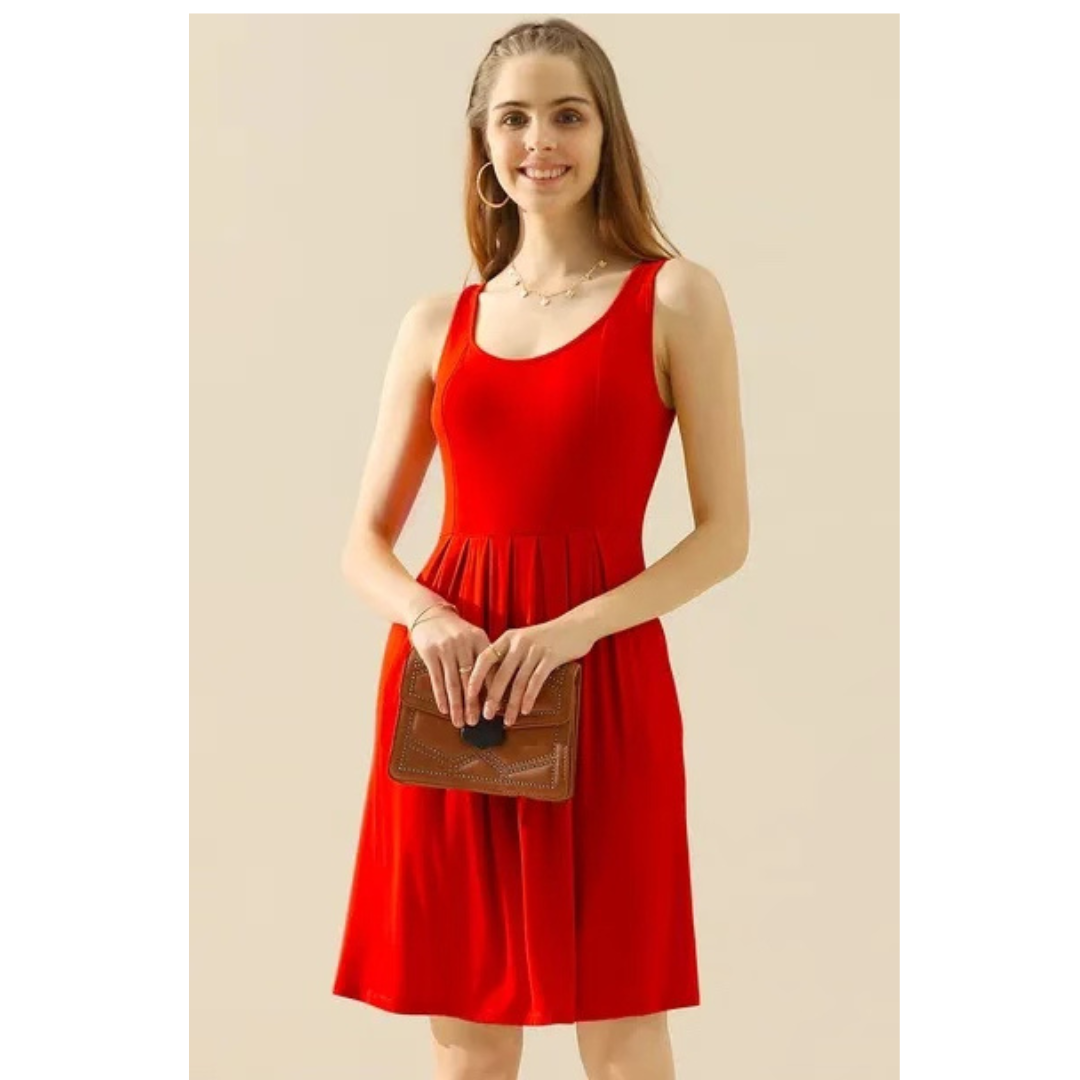 Doublju Full Size Round Neck Ruched Sleeveless Dress with Pockets
