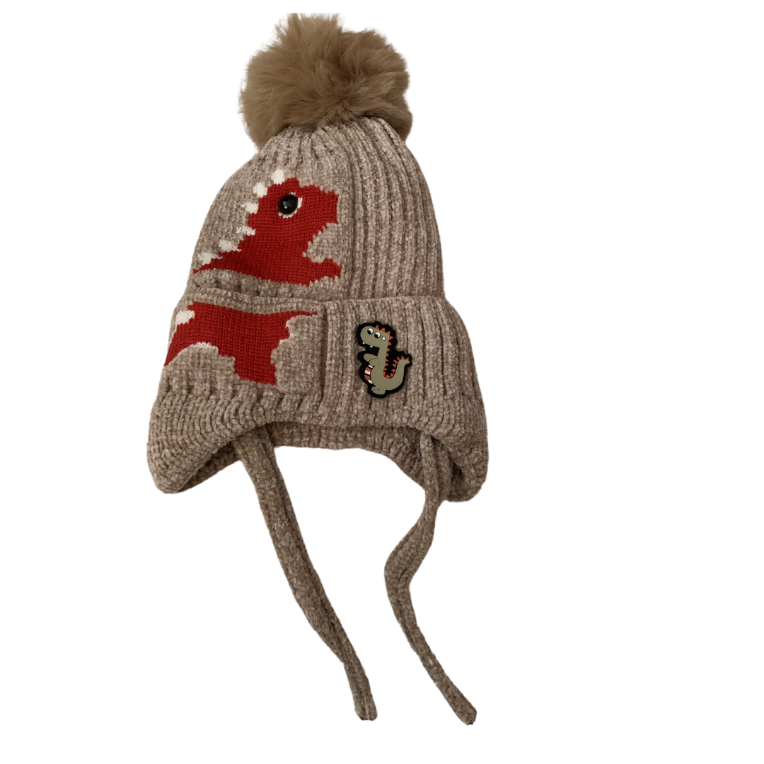 Dinosaur Print Knitted Fabric with Pompom Hat