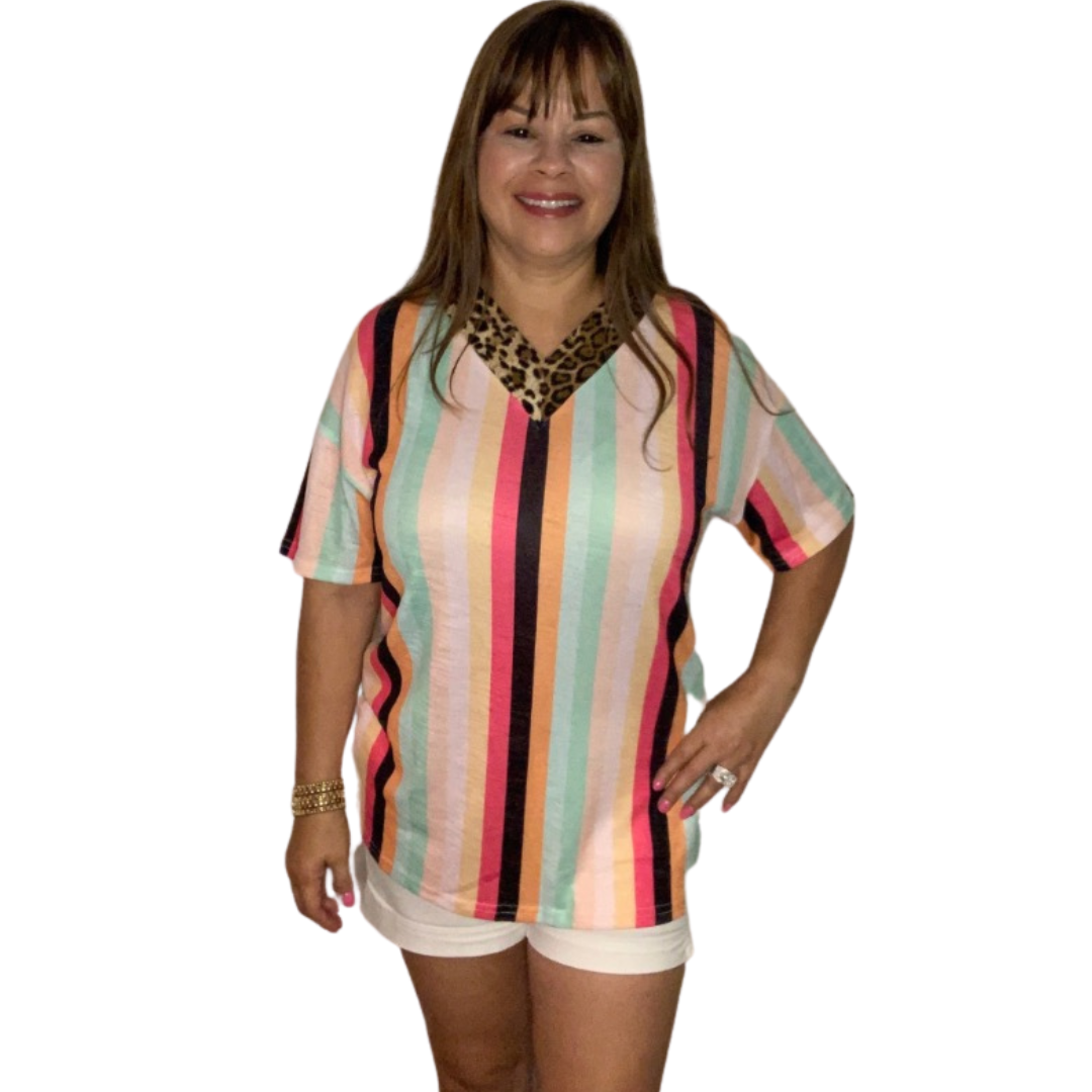 Black Striped Leopard V-Neck Shirt