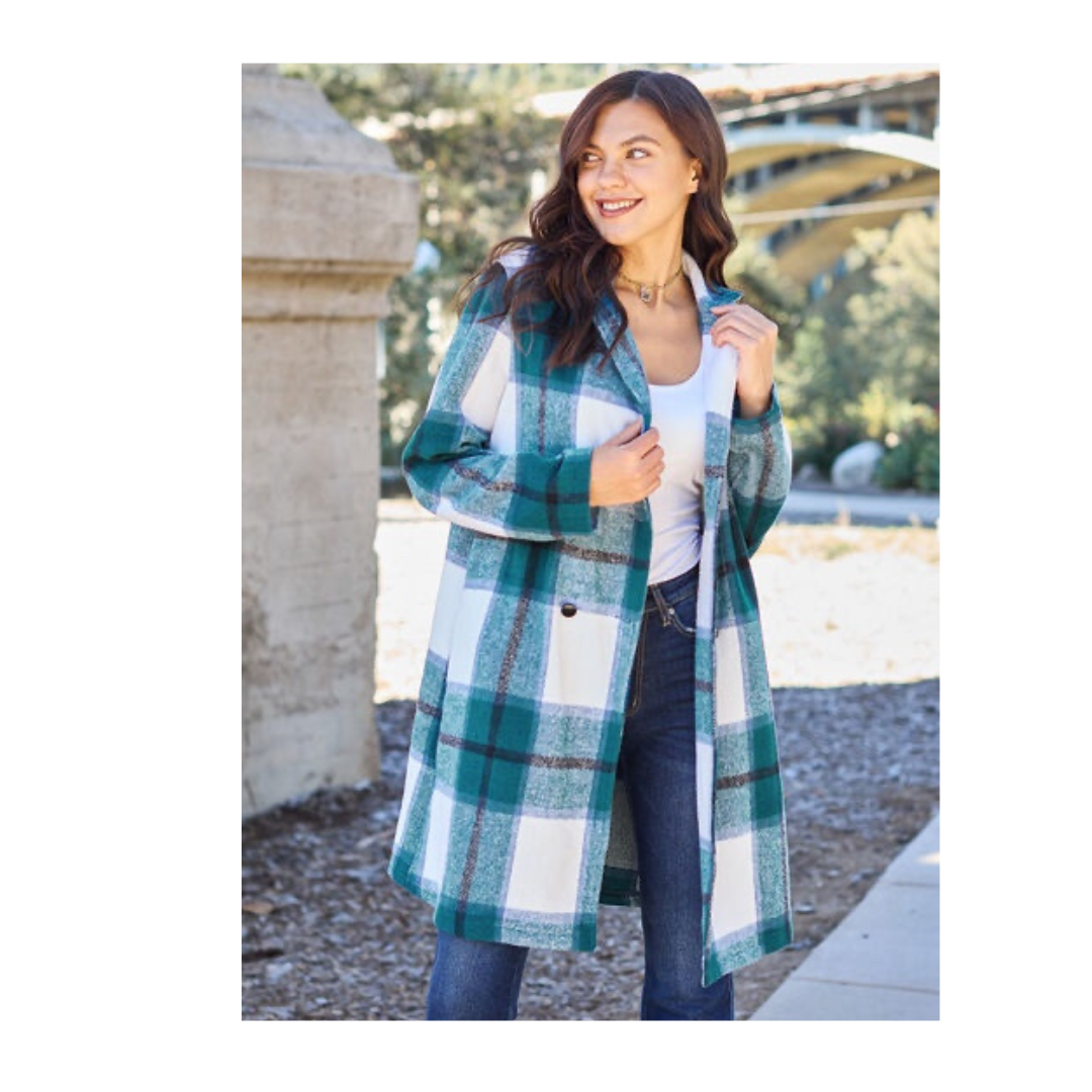 Double Take Full Size Plaid Button Up Lapel Collar Coat