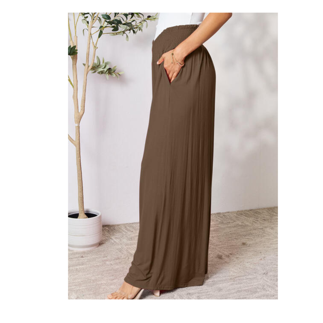 Double Take Full Size Smocked Wide Waistband Wide Leg Pants