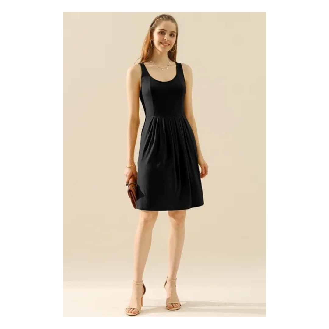 Doublju Full Size Round Neck Ruched Sleeveless Dress with Pockets