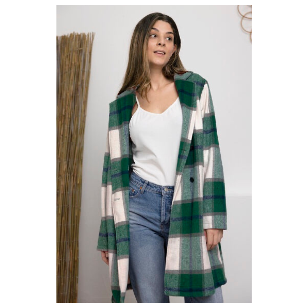 Double Take Full Size Plaid Button Up Lapel Collar Coat