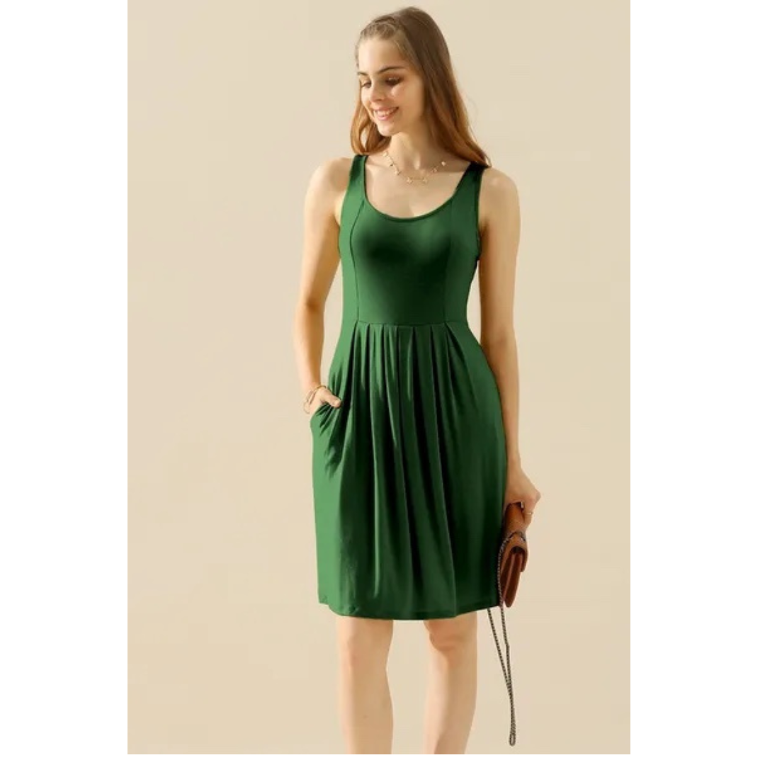 Doublju Full Size Round Neck Ruched Sleeveless Dress with Pockets
