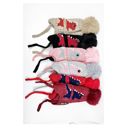 Dinosaur Print Knitted Fabric with Pompom Hat