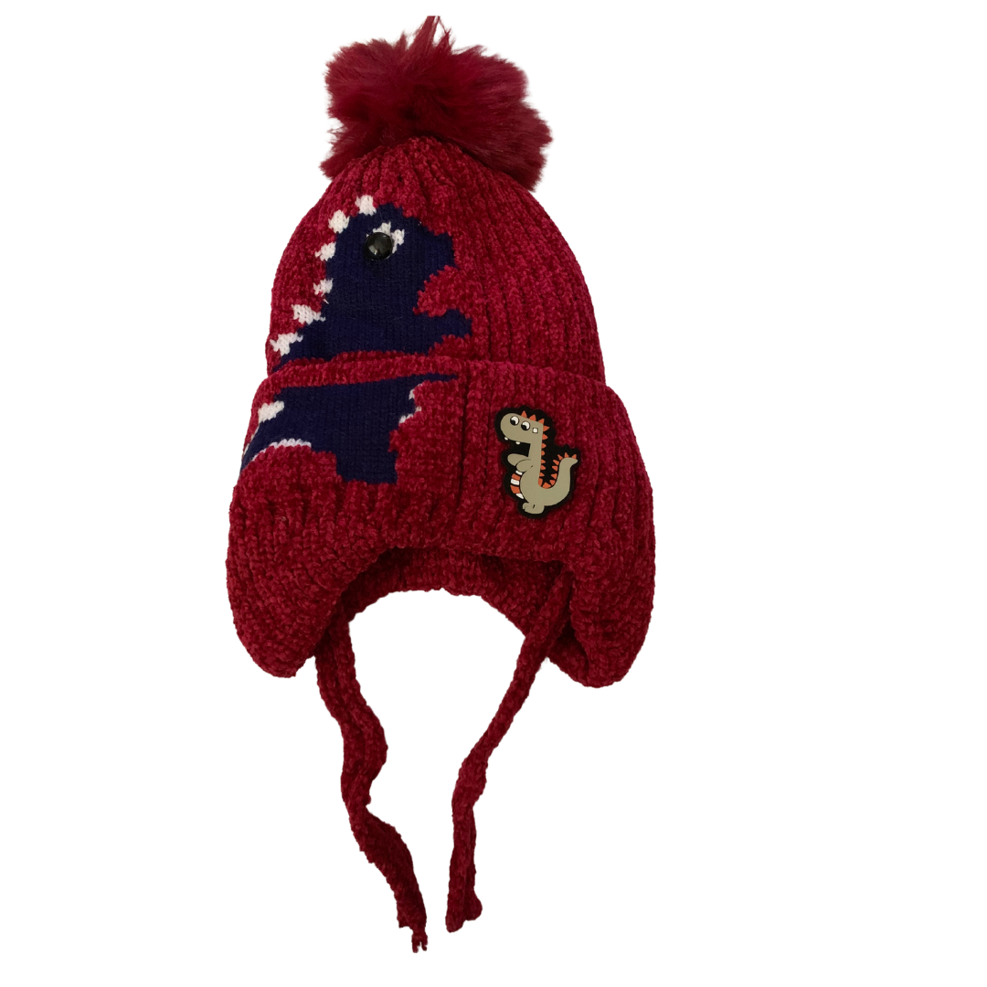 Dinosaur Print Knitted Fabric with Pompom Hat