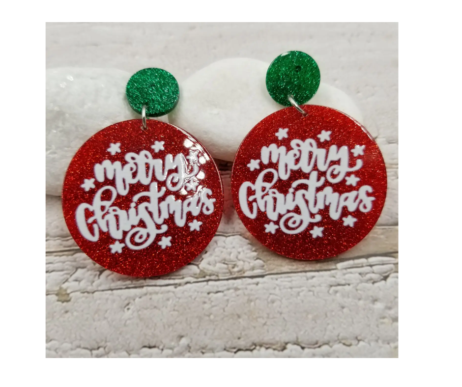 Red Merry Christmas Disc Earrings