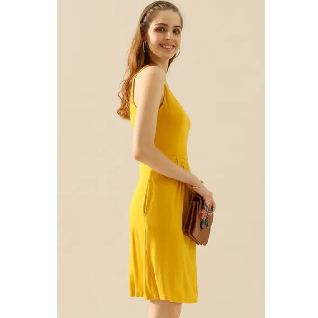 Doublju Full Size Round Neck Ruched Sleeveless Dress with Pockets