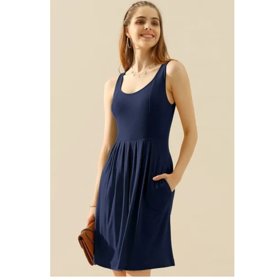 Doublju Full Size Round Neck Ruched Sleeveless Dress with Pockets