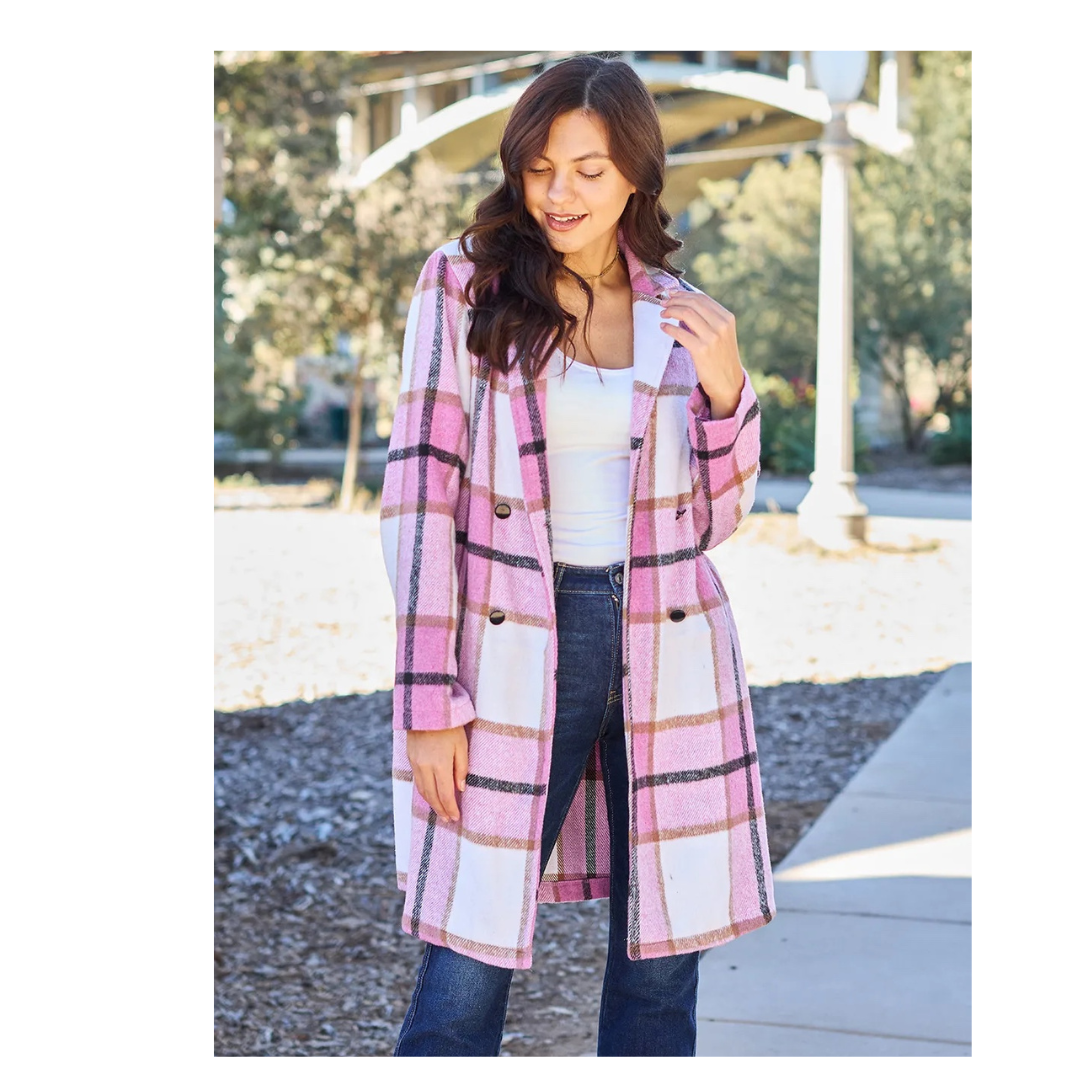 Double Take Full Size Plaid Button Up Lapel Collar Coat