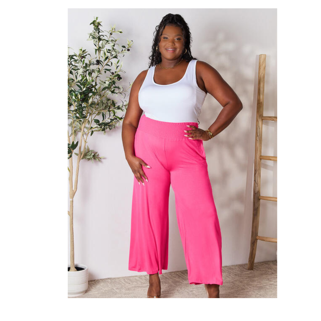 Double Take Full Size Smocked Wide Waistband Wide Leg Pants