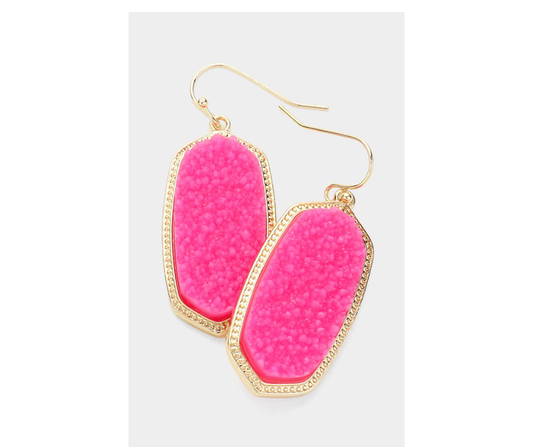 Pink Hexagon Druzy Dangle Earrings