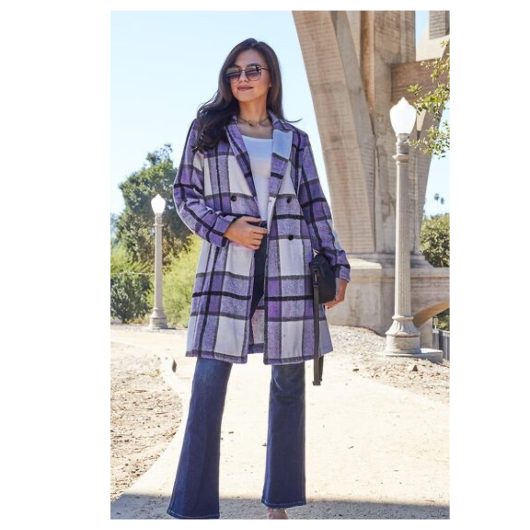 Double Take Full Size Plaid Button Up Lapel Collar Coat