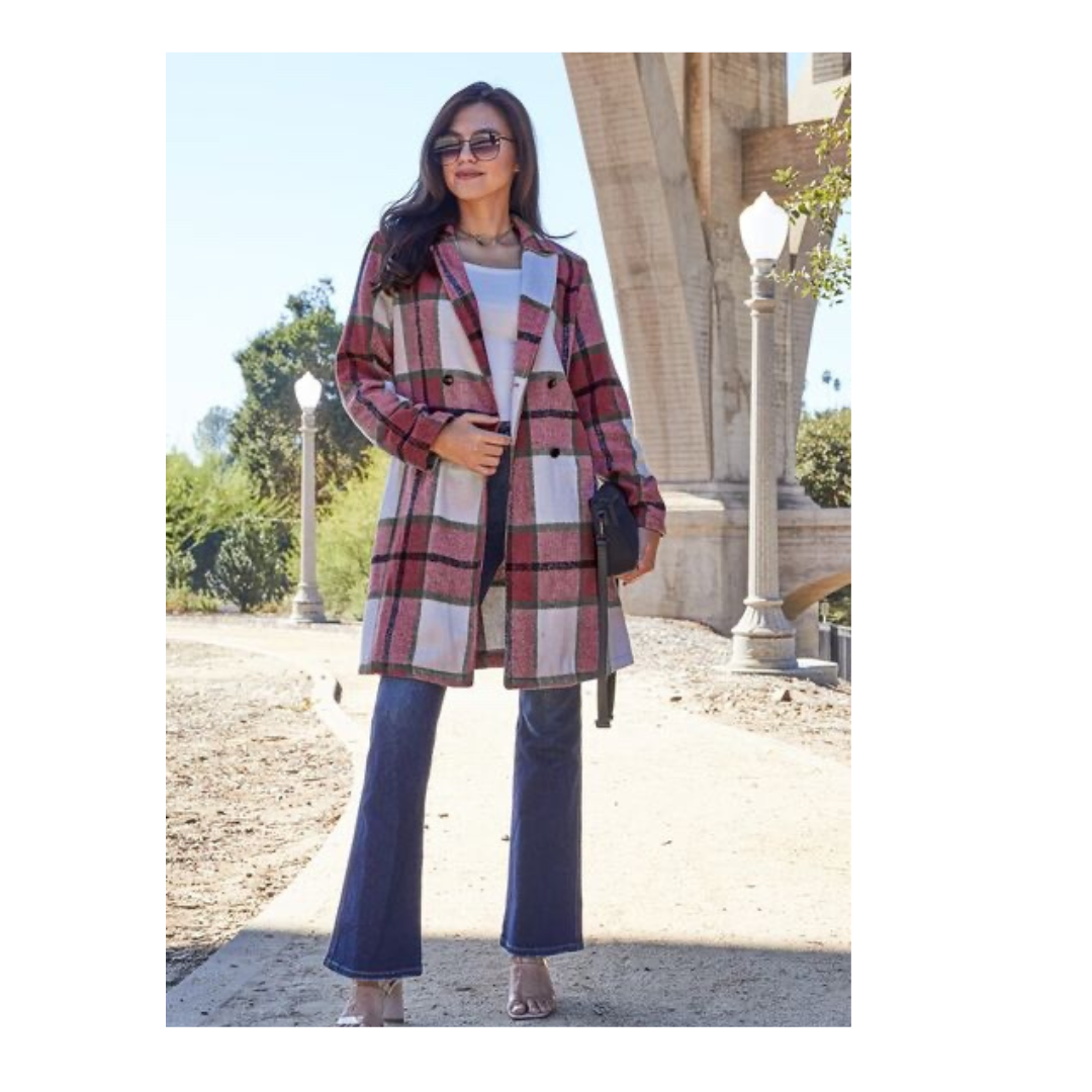 Double Take Full Size Plaid Button Up Lapel Collar Coat