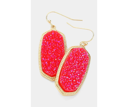 Red Hexagon Druzy Dangle Earrings