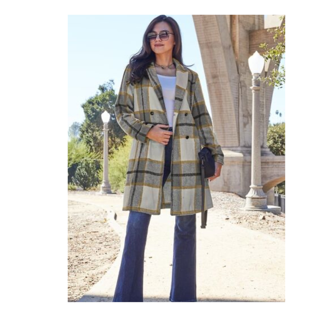Double Take Full Size Plaid Button Up Lapel Collar Coat
