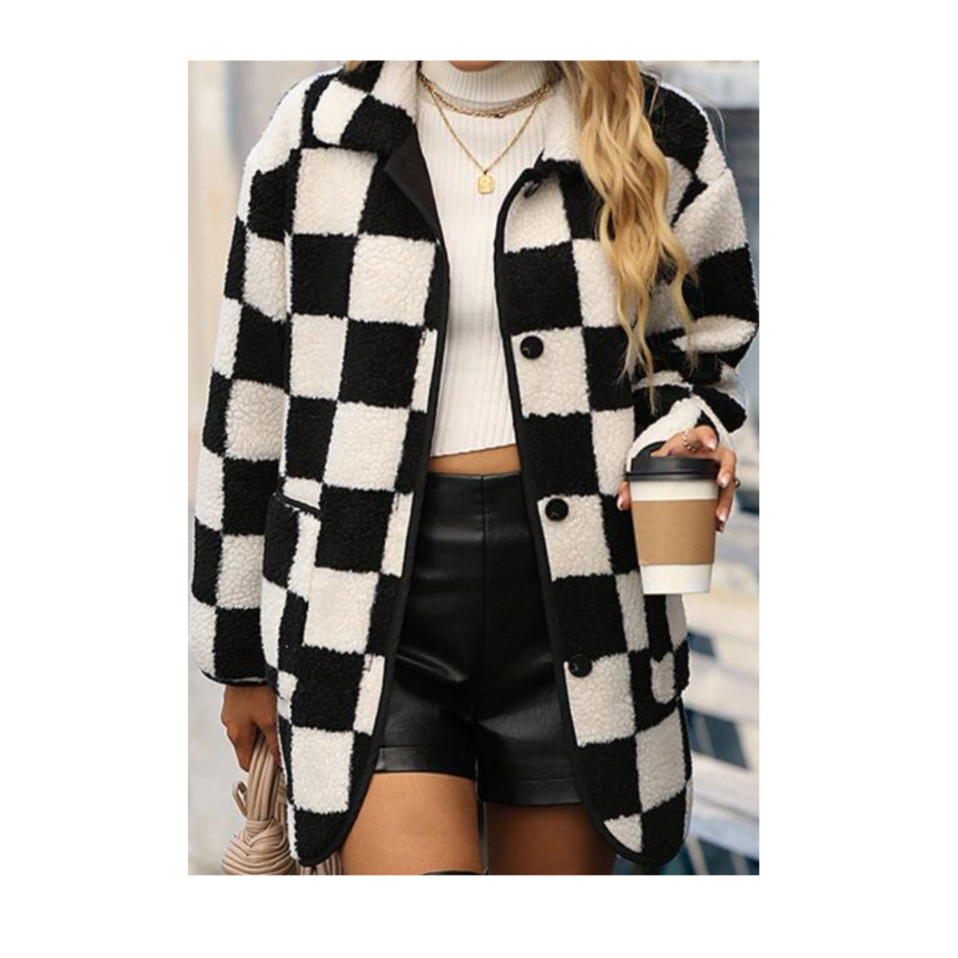 Checkered Button Front Coat with Pockets