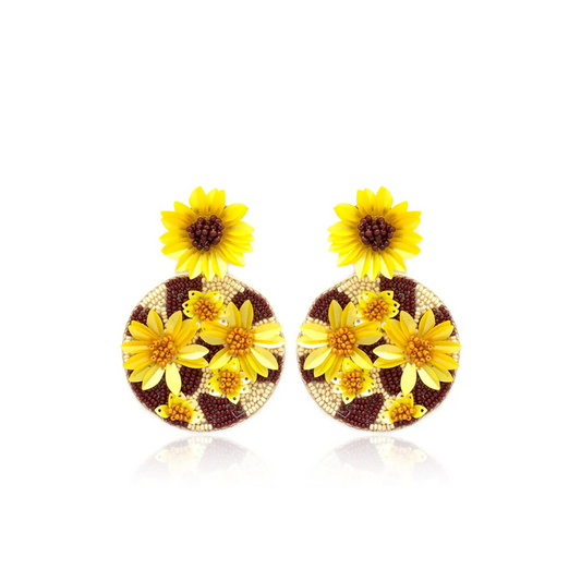 Sunflower on Disk Fabric Post Drop Earrings
