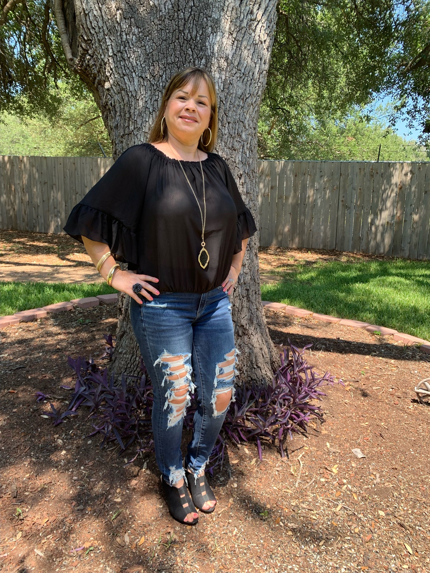 Black Off Shoulder Top with 3/4 Ruffle Detailed Sleeves