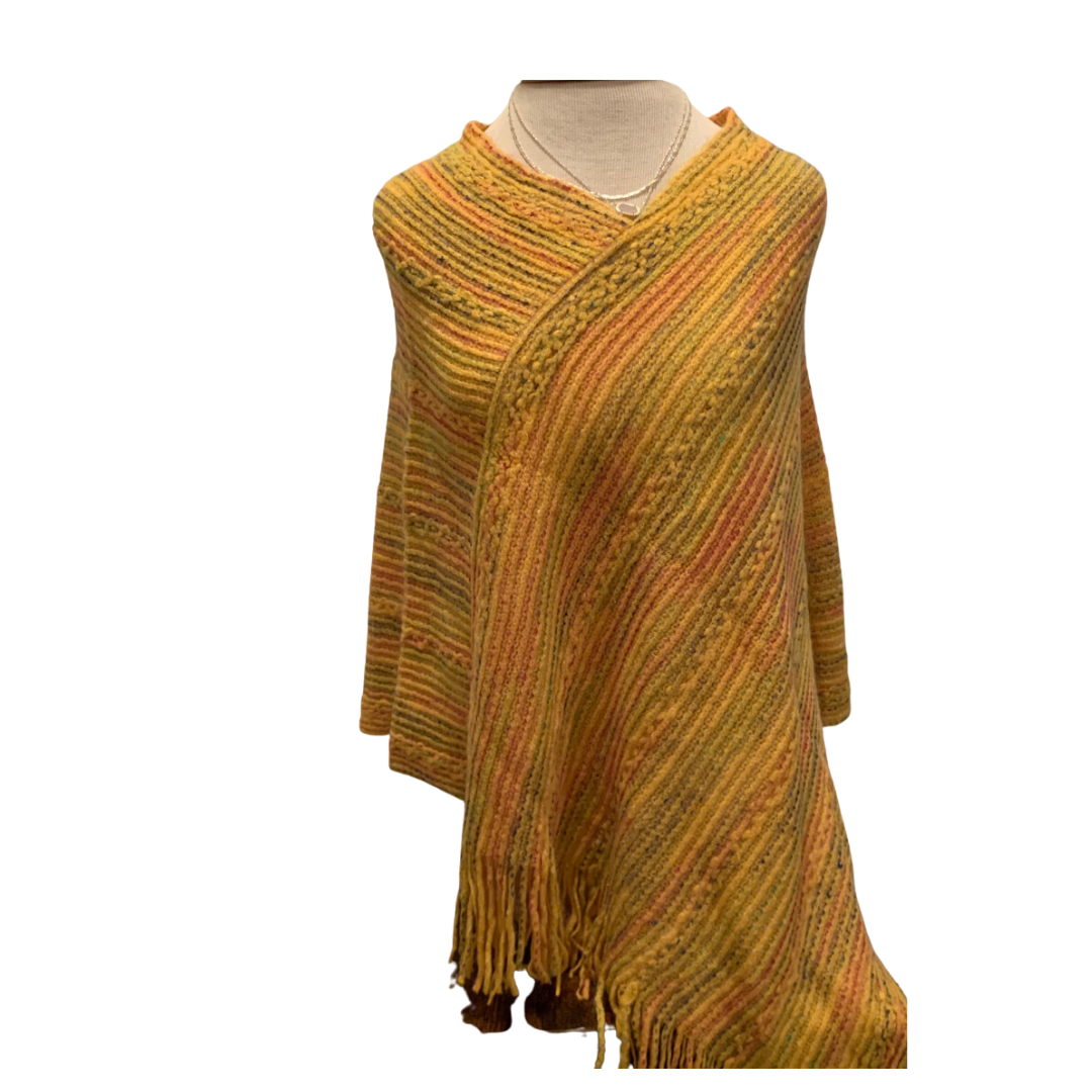 Mustard- Knitted Fringe Stripe Multi Poncho