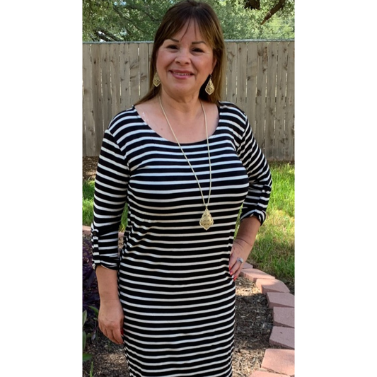 Black/Soft White Sleeve Stripe Loose Dress