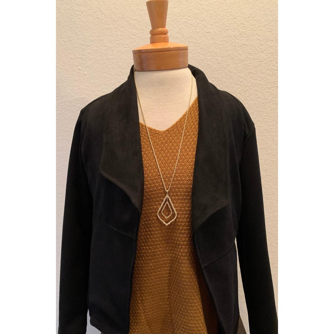 Waterfall Black Faux Suede Over Hip Length Jacket