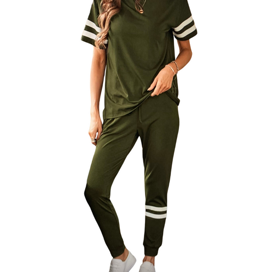 Army Green Striped Accent Short Jogger Set