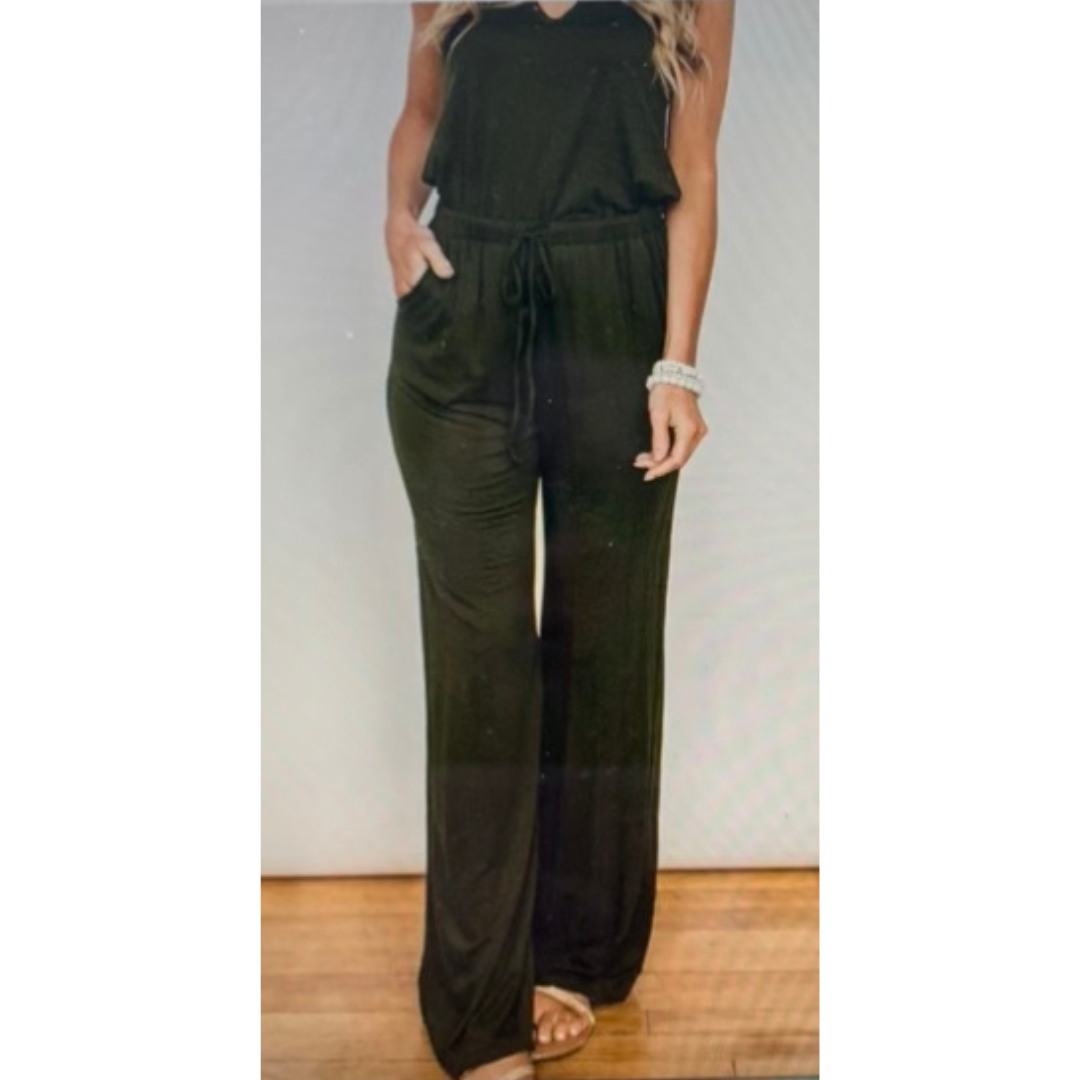 Green Split Neck Drawstring Waist Sleeveless Jumpsuit