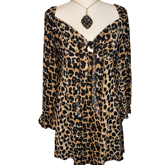 Leopard Print Puff Sleeve Knot Mini Dress