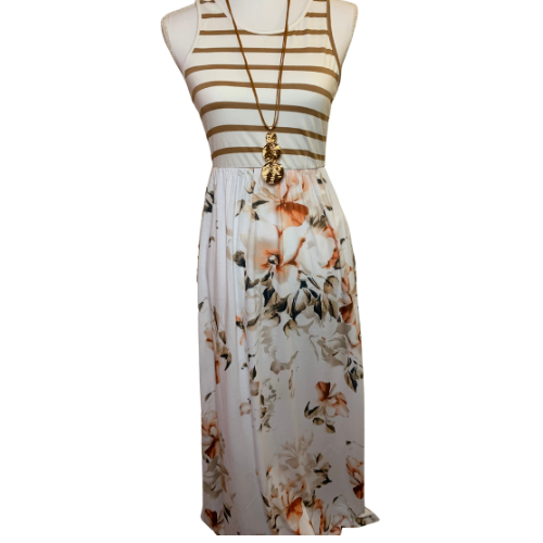 White Stripped Floral Print Pocket Maxi Dress