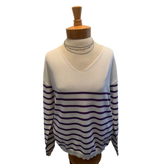 White Striped V-Neck Long Sleeve Sweater